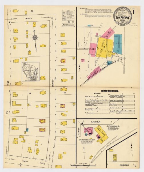 Sanborn map of Sun Prairie, which includes an index and information about water facilities and the fire department. Includes a small inset map of the State of Wisconsin that shows "Location of this town as above underlined."