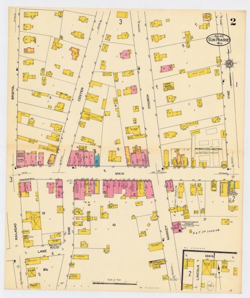 Sanborn map of Sun Prairie, showing Main, Center and Church Streets.