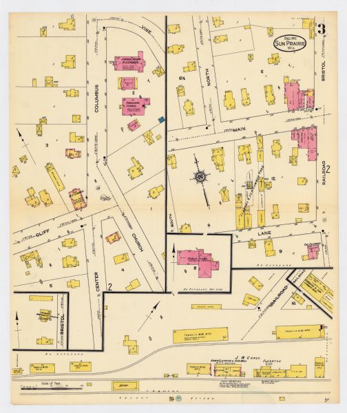 Sanborn Map of Sun Prairie. The map highlights the public and parochial schools, the exhange, and church buildings, etc.