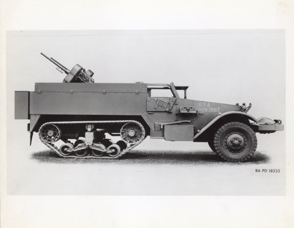 Right side profile view of an International Harvester half-track M13.