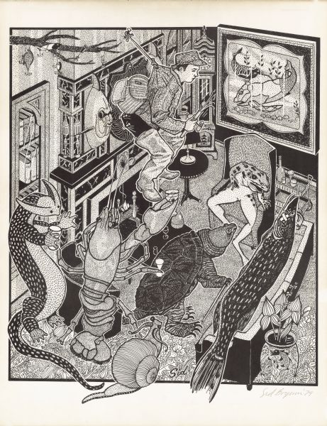 Imaginative pen-and-ink drawing of a man dressed in fishing gear suspended above the fireplace in a living room from a nail in the wall. Below the man is a salamander and lobster standing upright holding drinks, a snail and a turtle on the carpet in front of the fireplace, a frog in an armchair, and a fish with bandages reclining on a sofa. This drawing, titled "The Reverse," appeared in the <i>Capitol Times</i> on April 9, 1979 with Sid's caption: "My friend, John Armstrong, a plumber (on the mantel), went out on a job and failed to come back. Some folks said he went trophy fishing." Sid's authorship is in the lower center and his signature in the lower right corner with the year "79." 