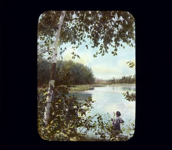 View through trees looking down towards a girl standing on a shoreline looking across a lake. A marshy area is along the far shoreline.