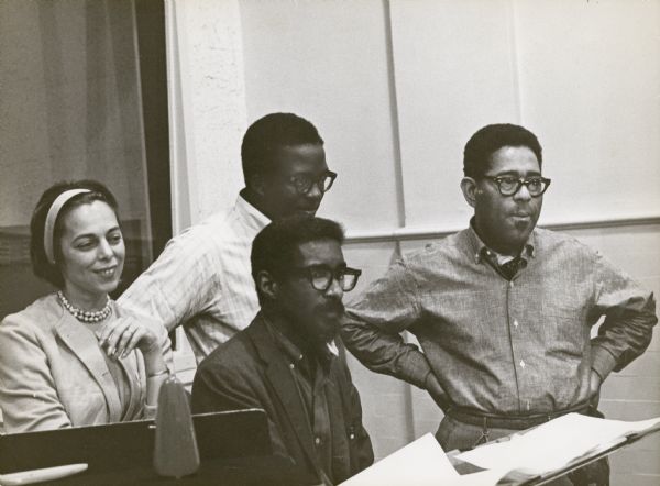 Shirley Clarke, Dizzy Gillespie, Mal Waldron and an unidentified man in the studio during a recording session for the film "The Cool World."