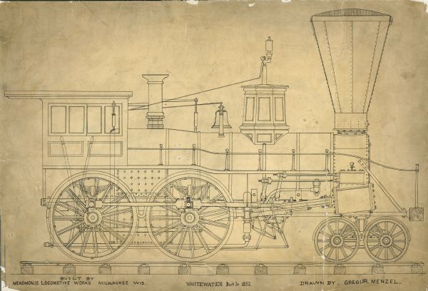 Two-dimensional line drawing of the right side of the engine "Whitewater," which was later built in 1852 by Menomonie Locomotive Works in Milwaukee, Wisconsin.