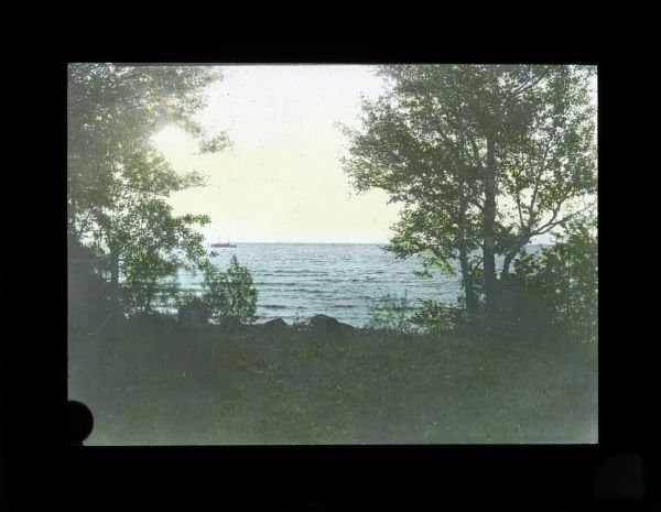 View of lake through trees along a shoreline. A ship is in the distance along the horizon.