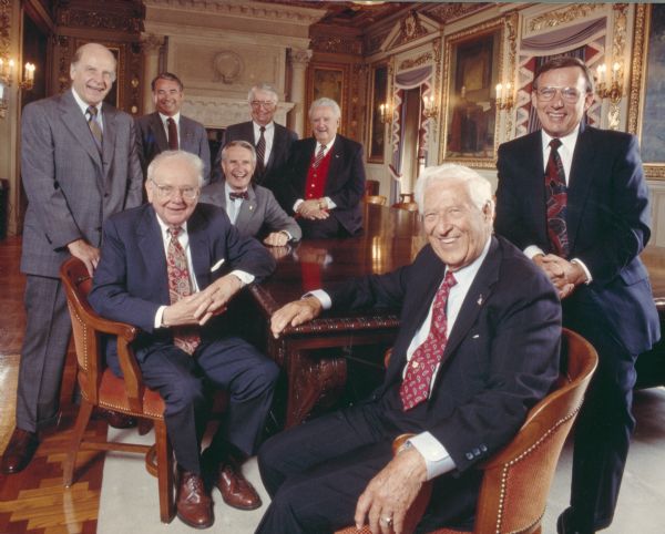 Wisconsin's seven living past governors posing with Gov. Tommy Thompson. (Front, from left): Warren Knowles, Gaylord Nelson: (Back row, from left) Lee Dreyfus; Patrick Lucey, Martin Scheiber, Martin J. Schreiber, Anthony (Tony Earl), and John Reynolds.