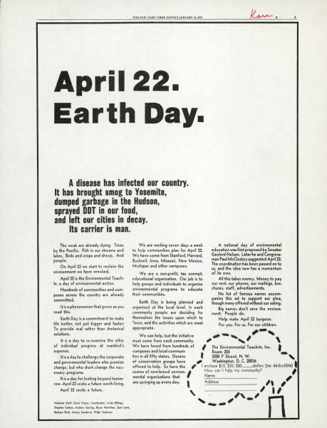 Fundraising advertisement for the Environmental Teach-In on April 22 in honor of Earth Day. The first sentence reads: "A disease has infected our country." In the lower right hand corner is an illustration of a cloud coming out of a smokestack, and inside the cloud is a request for donations of money.