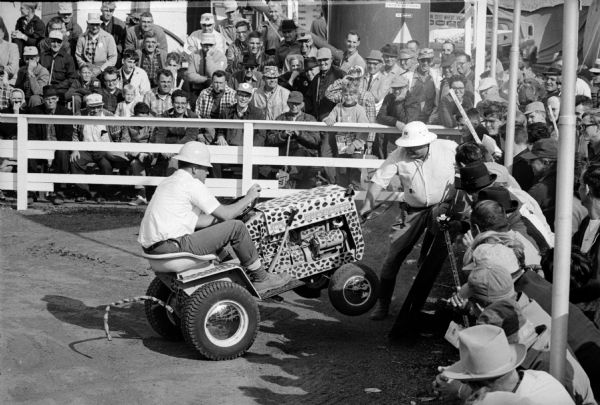 Elevated view of a man driving a Cub Cadet tractor, which is painted like a tiger, rising up slightly on its back wheels as the driver is charging a man acting as an animal trainer. They are part of a "Wild Animal Act" performance. A crowd is watching from behind a fence.
