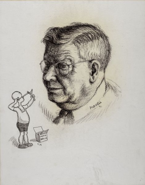 Head and shoulders ink and crayon portrait of a Carl Anderson, with a caricature of the Carl Anderson cartoon character "Henry" holding a slingshot aimed at Carl on the bottom left, along with a box of moth balls.
