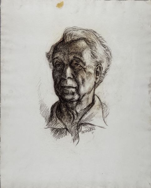 Head and shoulders crayon portrait of Frank Lloyd Wright.