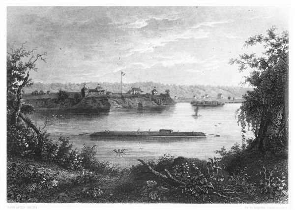 Illustration of Fort Armstrong on Rock Island, looking from opposite shoreline. There is a barge and other boats on the Mississippi River in front of the fort.