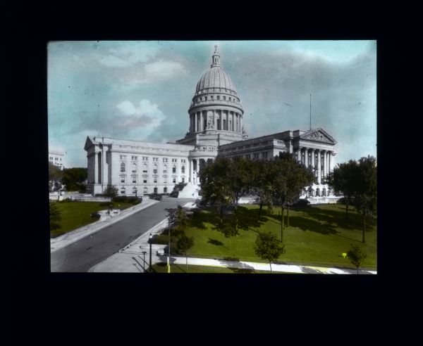 View of the Wisconsin State Capitol on a sunny day.