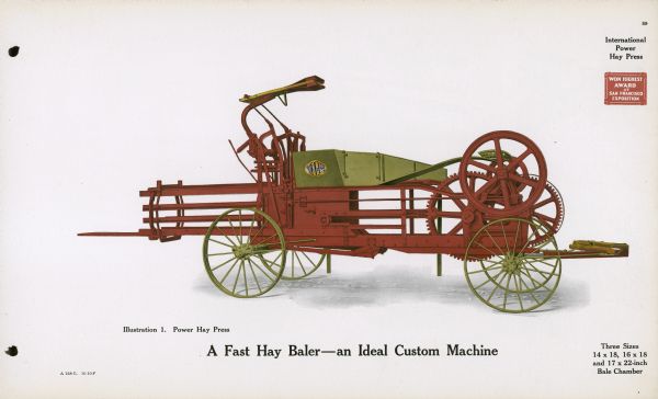 General line color catalog illustration of an International power hay press. The text beneath the illustration reads: "A Fast Hay Baler - an Ideal Custom Machine" and "Three Sizes: 14 x 18, 16 x 18 and 17 x 22-inch Bale Chamber."