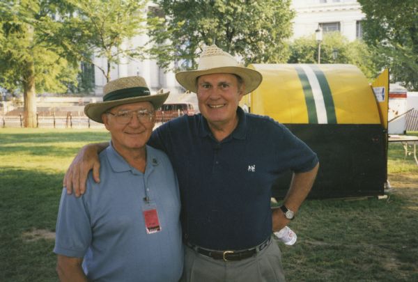 Bill Casper (left) posing with television weatherman personality Willard Scott at the Smithsonian Folklife Festival on the National Mall in Washington, DC. Scott broadcast a segment for NBC’s Today show adjacent to Casper’s iconic Green Bay Packers ice shanty.