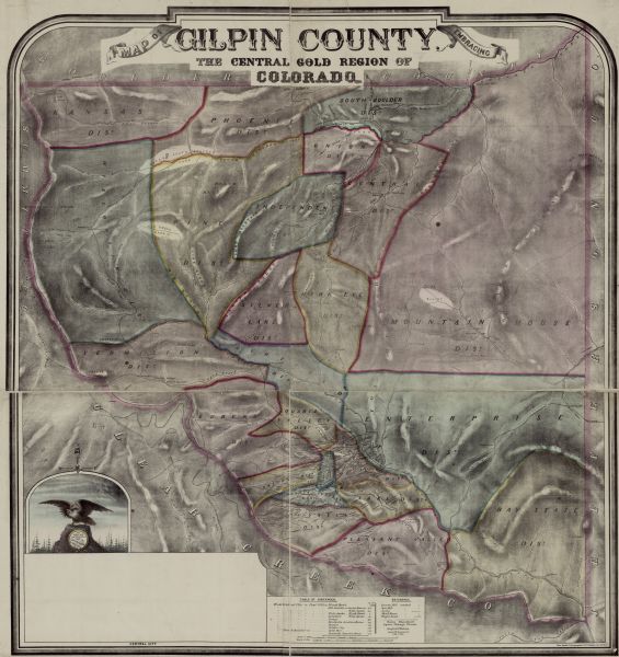 A colorful map of Gilpin County, the central gold region of Colorado, surveyed by Charles W. Morse and George Hill.
