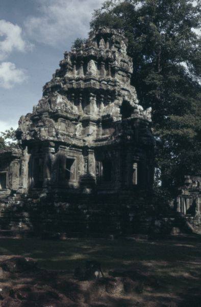 Outdoor view of a structure that is part of the Angkor Wat Temple, located in Cambodia. 