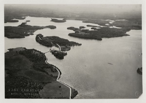 Aerial view of Lake Namakagon, showing the roads that connect Anderson Island (center left), and Juneks Point, Eagle Point, and Paines Island.