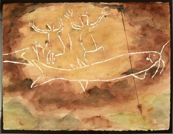 This genre work, titled "Spearing Time," was painted in 1999 by Geri Schrab, a self-taught watercolor artist in De Forest, Wisconsin. Schrab was first inspired to learn how to paint in the mid-1990s after visiting a Native American rock art site. The focus of her work was pictographs and petroglyphs from sites all over the United States. Schrab created this watercolor after seeing the rock art at Gullickson's Glen in Southwest Wisconsin.
