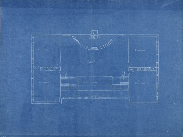 A floor plan including classrooms and the chapel for the recitation hall and administration building for Pyengyang Christian Academy in Korea.