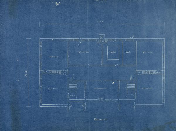 A floor plan for the basement of the recitation hall and administration building for Pyengyang Christian Academy in Korea.