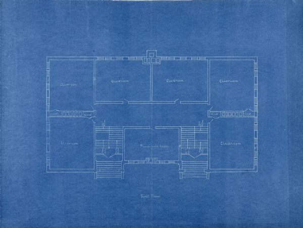 A floor plan for the first floor of the recitation hall and administration building for Pyengyang Christian Academy in Korea.