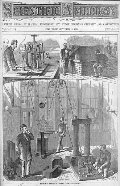 Depiction of Edison's Electric Generator in the weekly journal of practical information, art, science, chemistry and manufactures. It is an electrical generator from Thomas Edison’s laboratory at Menlo Park, New Jersey, built in 1880.  It is the only surviving machine of the fifteen used at Menlo Park for the first public exhibition of incandescent lighting.
 