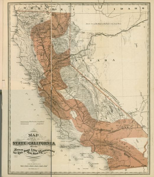 A map of California showing railroad lines and reservations.