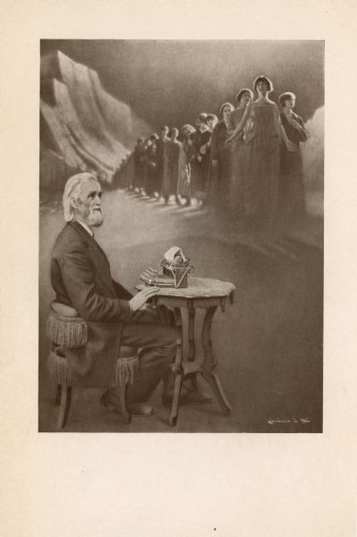 Illustration used for a book written about the history of the typewriter. Image includes Christopher Latham Sholes, inventor of the first practical typewriter, is seated at a table with a typewriter. Above him, in the clouds, is a choir of women.