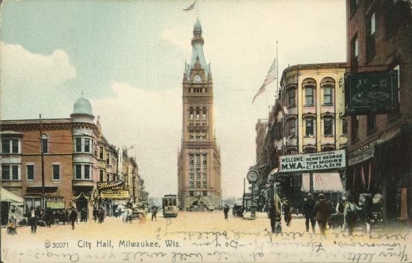 A view of City Hall from the square, including the Miller Cafe, other businesses, pedestrians, and a streetcar. Caption reads: "City Hall, Milwaukee, Wis."
