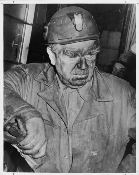 John L. Lewis, in miner's hat, after West Frankfort, Illinois, mine disaster.