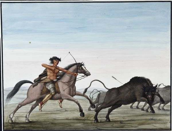 Watercolor of an Indian hunting buffalo while riding a horse and shooting a bow and arrow. The buffalo being hunted has one arrow in its side.