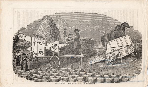 Engraving of a man in a coat and hat feeding stalks into a thresher. The thresher is run by two horses on a treadmill at right. The grain is collected from the chute and put into sacks by a man at left.