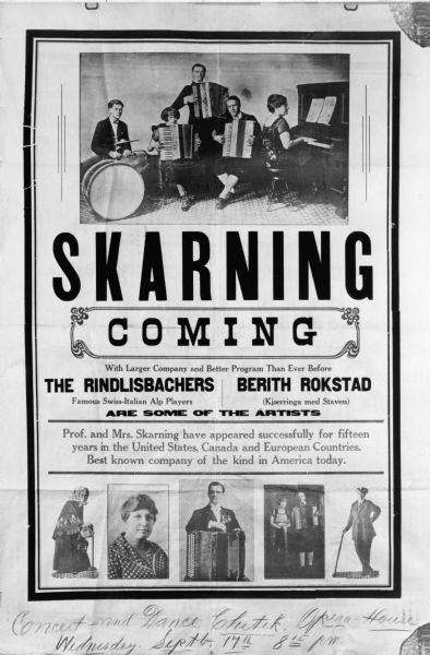 Poster advertising a concert and dance at the Chetek Opera House on September 17th. Featured artists are The Rindlisbachers, Berith Rokstad, and the Skarnings, who are pictured on the poster.