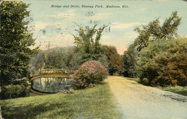 View across lawn towards arched bridge at Tenney Park, with the drive on the right. Caption reads: "Bridge and Drive, Tenney Park, Madison, Wis.