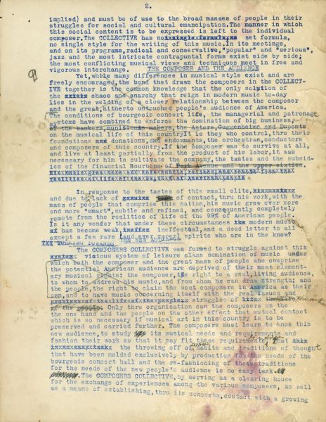 Page two of five typed pages containing "notes on the Work of the Composers Collective of NY" from the Marc Blitzstein papers.
