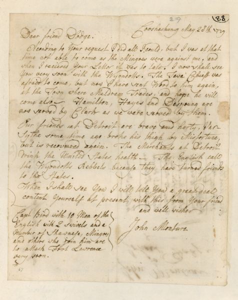 Letter written by John Monture to John Dodge.