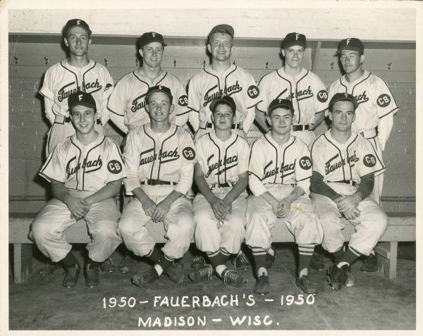 Group portrait of the Fauerbach Brewing Company's baseball team. 