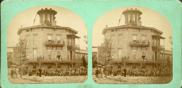 Stereograph of Soldiers' Orphans Home, formerly Harvey Hospital. The octagon house was originally built for Governor Leonard J. Farwell and designed by August Kutzbock and Samuel H. Donnel, architects of the third Wisconsin State Capitol.