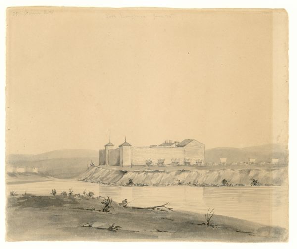 Original wash drawing of Fort Laramie, Wyoming (actually Fort John; see note below). Sketched by Wilkins on his 151-day journey from Missouri to California on the Overland Trail (also known as the Oregon Trail). Wilkins stayed here for a few days to stock up on supplies and rest before another long leg of their journey. 
Wilkins writes in his diary: "Arrived this morn by 8 o'clock at Fort Laramie where we shall stay a day or two to fix up, get our tires cut and other repairings. This is a great resting place for emigrants. Most of them by this time have seen enough of the elephant to know what they really want, and what they can dispense with. Wagons, especially heavy wagons, can be bought here for an old song. A great many parties abandoning their wagons at this point and take to mule packing on account of the rumours of no grass and bad rocky roads, their object being to get thro' at some price and as quickly as possible."