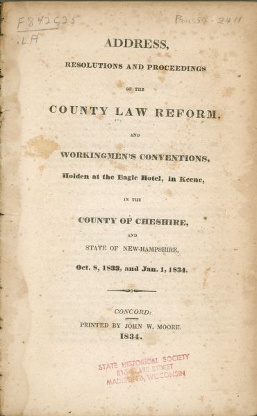 The cover of the "Address, Resolutions, and Proceedings of the County Law Reform and Workingmen's Conventions...".