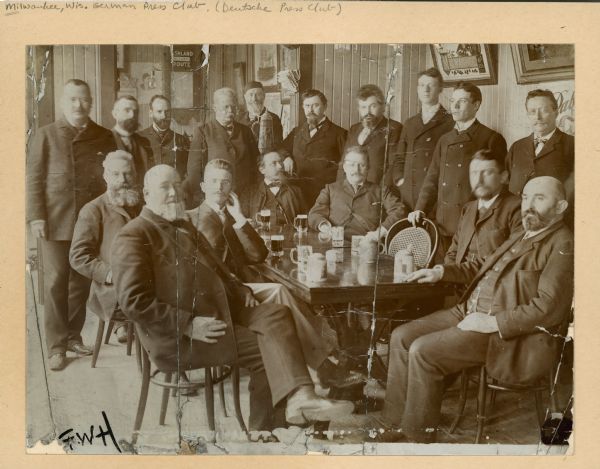 Group portrait of members of the German (Deutsche) Press Club. Standing, from left to right are: Herman Pabst, Henry J. Stark, George Parker, (unidentified), (unidentified), Ernst Borchert, Otto Strach, Fred Pabst, Gustave Pabst, and Mr. Bates.

Seated, from left to right, are Mr. Schucht, John S. Pierce, A.C. Morrison, (unidentified), Frank Falk, Oscar Mueller, and Fred J. Theurer. 