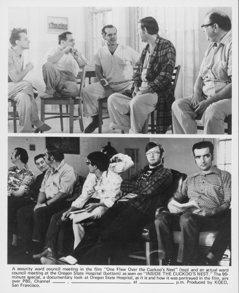Two images from the documentary "Inside the Cuckoo's Nest" showing the similarities and differences in a security ward council meeting depicted in the film "One Flew Over the Cuckoo's Nest" and in real life in the Oregon State Hospital.
