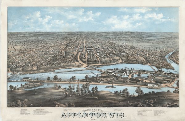 Birds-eye view of Appleton Wisconsin. In the foreground are people fishing, strolling, and looking over the canal towards the Fox River. Streets and building are included on a reference key, including manufactories, churches, schools, cemeteries, and other points of interest.