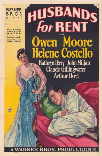 Poster for the film "Husbands for Rent." A woman, wearing a blue sleeveless nightgown, is looking down at a man wearing pajamas sleeping on a sofa.