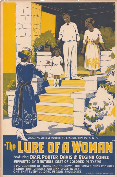 Poster for the film "The Lure of a Woman."  A man, woman, and a little girl are standing on the steps of a house. The little girl is reaching out to a woman walking up to the house with her arms outstretched.  