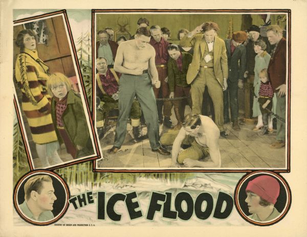 Lobby card for the film "The Ice Flood." The main image shows a man standing over another man in a makeshift boxing ring with a crowd all around them. The second image is of a woman and small child.