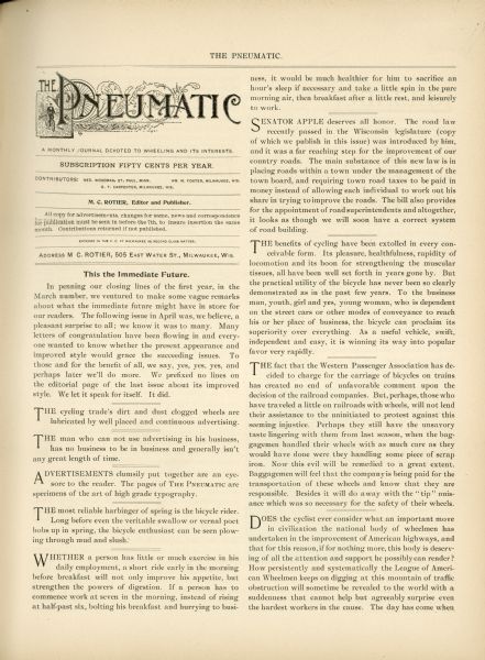 The masthead page of the first issue of "The Pneumatic," a monthly cycling magazine. It features a cartoon captioned, "A Spring Cycling Episode." 