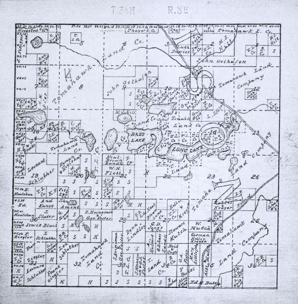 A photocopy of the T.34N, R.8E portion of a map of Lincoln County.