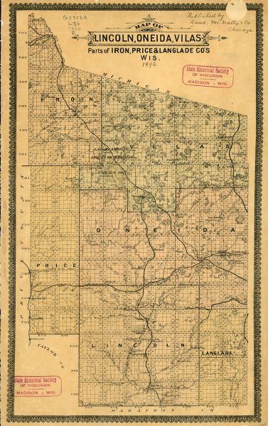 A map of Lincoln, Oneida, and Vilas counties, which also includes part of Iron, Price, and Langlade counties.