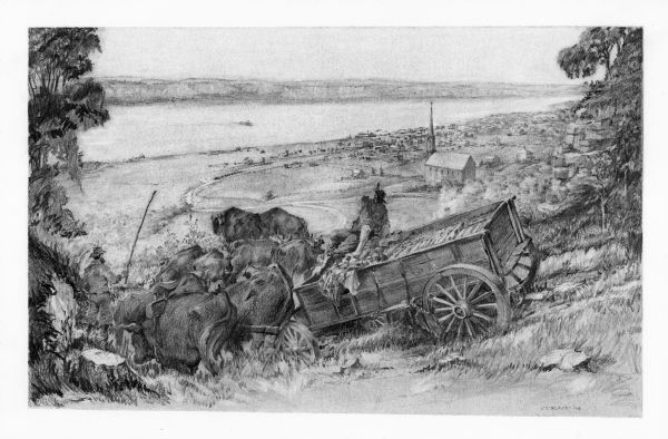 A pencil drawing of two men descending a bluff with oxen and a wagon to Winona, Minnesota. There is a church in the town below and the Mississippi River is in the background.